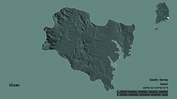 韩国都城乌尔桑的形状 其首都背景坚实 与世隔绝 距离尺度 区域预览和标签 彩色高程图 3D渲染 — 图库照片
