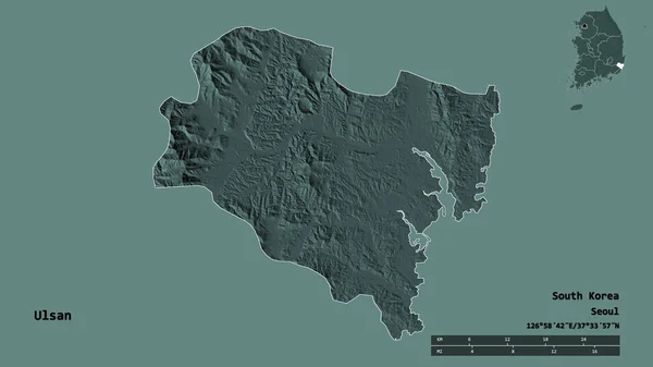 蔚山の姿をしっかりと背景に孤立している 距離スケール リージョンプレビュー およびラベル 色の標高マップ 3Dレンダリング — ストック写真