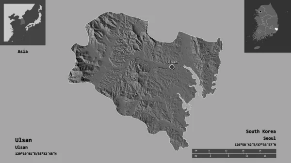 韩国都城乌尔桑的形状及其首都 距离刻度 预览和标签 Bilevel高程图 3D渲染 — 图库照片
