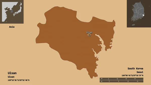 蔚山の形 韓国の大都市 距離スケール プレビューおよびラベル パターン化されたテクスチャの構成 3Dレンダリング — ストック写真