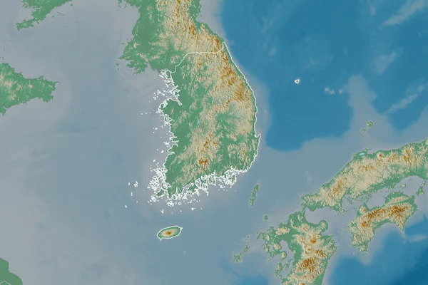 Extended Area Outlined South Korea Topographic Relief Map Rendering — Stock Photo, Image