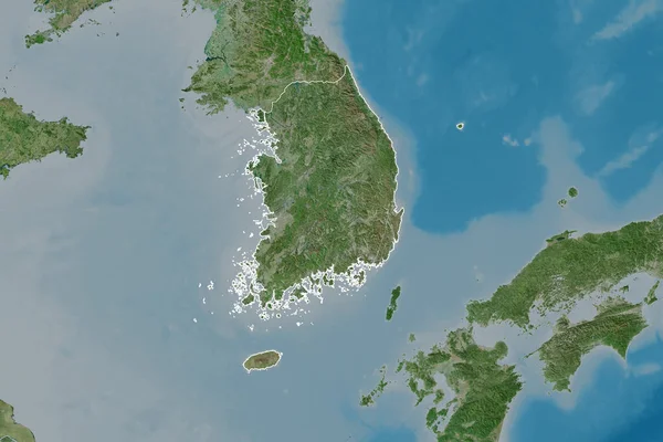 Extended Area Outlined South Korea Satellite Imagery Rendering — Stock Photo, Image