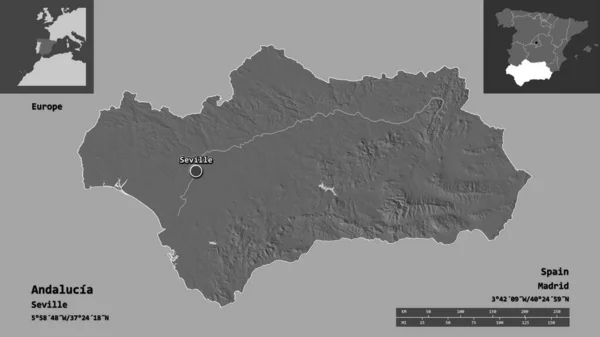 アンダルシアの形 スペインの自治体 そしてその首都 距離スケール プレビューおよびラベル 標高マップ 3Dレンダリング — ストック写真