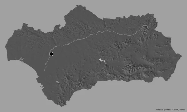 安达卢西亚的形状 西班牙的自治社区 它的首都孤立在一个坚实的色彩背景 Bilevel高程图 3D渲染 — 图库照片