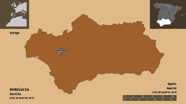 Form Andalusien Autonoma Regionen Spanien Och Dess Huvudstad Avståndsskala Förhandsvisningar — Stockfoto