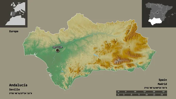 安达卢西亚的形状 西班牙的自治社区 及其首都 距离刻度 预览和标签 地形浮雕图 3D渲染 — 图库照片
