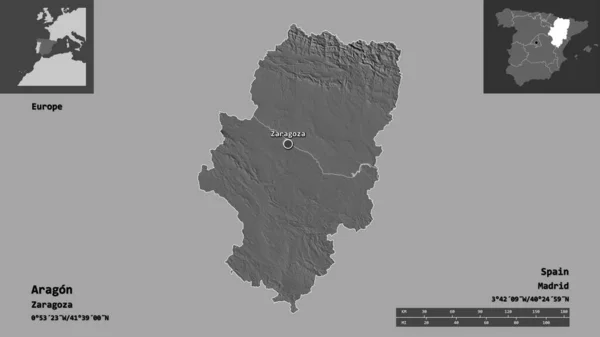アラゴンの形 スペインの自治体 その首都 距離スケール プレビューおよびラベル 標高マップ 3Dレンダリング — ストック写真