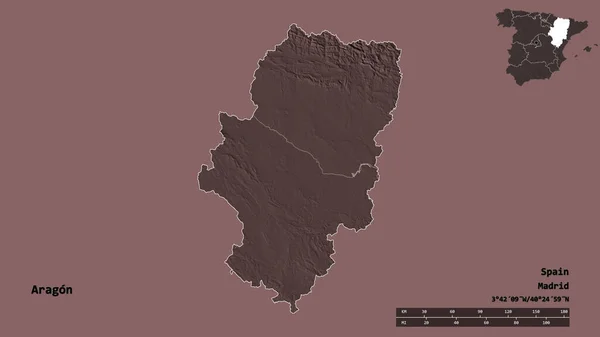 アラゴンの形 スペインの自治体 その首都は 固体の背景に隔離されました 距離スケール リージョンプレビュー およびラベル 色の標高マップ 3Dレンダリング — ストック写真