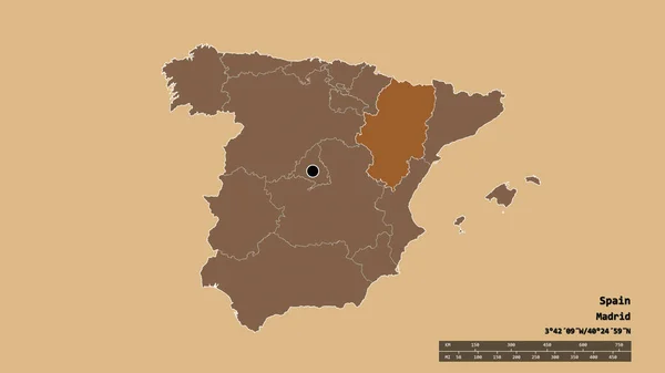 主要な地域部門と分離アラゴン地域とスペインの荒廃した形状 ラベル パターン化されたテクスチャの構成 3Dレンダリング — ストック写真