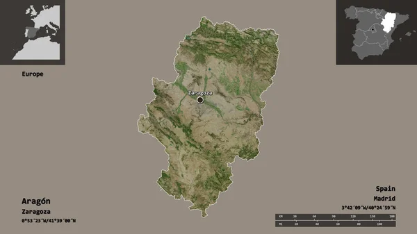 アラゴンの形 スペインの自治体 その首都 距離スケール プレビューおよびラベル 衛星画像 3Dレンダリング — ストック写真