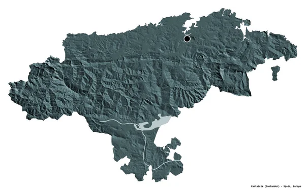 坎塔布里亚 Cantabria 的形状 西班牙自治区 首都为白色背景 彩色高程图 3D渲染 — 图库照片