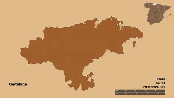 スペインの自治体カンタブリア州の形で その首都はしっかりとした背景に孤立しています 距離スケール リージョンプレビュー およびラベル パターン化されたテクスチャの構成 3Dレンダリング — ストック写真