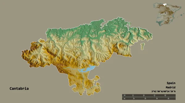 スペインの自治体カンタブリア州の形で その首都はしっかりとした背景に孤立しています 距離スケール リージョンプレビュー およびラベル 地形図 3Dレンダリング — ストック写真