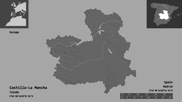 Form Kastilien Mancha Autonoma Regionen Spanien Och Dess Huvudstad Avståndsskala — Stockfoto