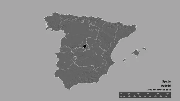 スペインの首都 主な地域部門と分離カスティーリャ マンチャ地域での荒廃した形状 ラベル 標高マップ 3Dレンダリング — ストック写真