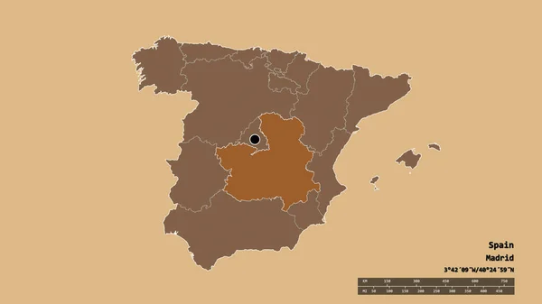 以首都 主要区域分部和分隔的卡斯蒂利亚 拉曼查地区为首都的西班牙的荒凉面貌 图形纹理的组成 3D渲染 — 图库照片