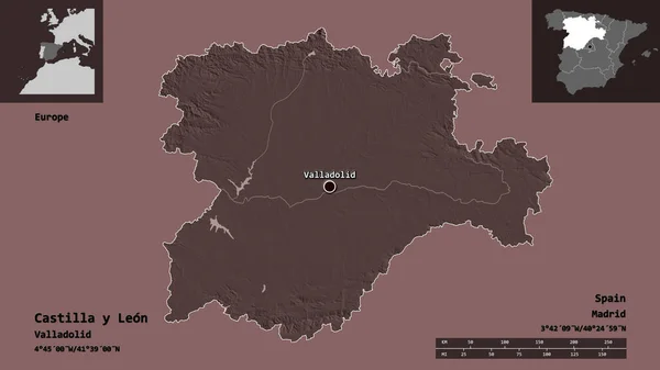 カスティーリャ レオン州の形 スペインの自治体 その首都 距離スケール プレビューおよびラベル 色の標高マップ 3Dレンダリング — ストック写真