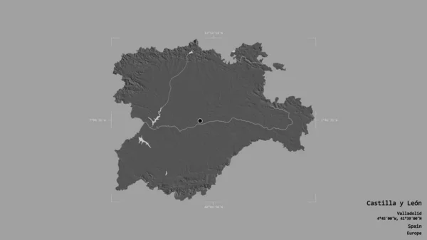 スペインの自治体であるカスティーリャ レオン州の地域は 洗練された境界線の箱の中にしっかりとした背景に隔離されています ラベル 標高マップ 3Dレンダリング — ストック写真