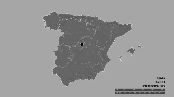 主要な地域部門と分離カスティーリャ レオン地域とスペインの荒廃した形状 ラベル 標高マップ 3Dレンダリング — ストック写真