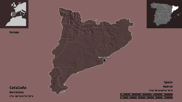 カタルーナの形 スペインの自治体 その首都 距離スケール プレビューおよびラベル 色の標高マップ 3Dレンダリング — ストック写真