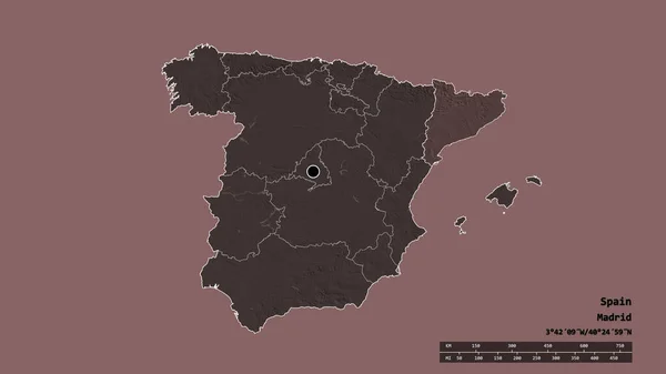 主要な地域部門と分離カタルーナ地域とスペインの荒廃した形状 ラベル 色の標高マップ 3Dレンダリング — ストック写真
