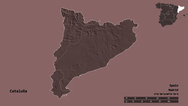 Shape of Cataluna, autonomous community of Spain, with its capital isolated on solid background. Distance scale, region preview and labels. Colored elevation map. 3D rendering