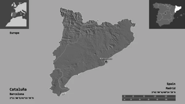 加泰罗尼亚的形状 西班牙自治区及其首都 距离刻度 预览和标签 Bilevel高程图 3D渲染 — 图库照片