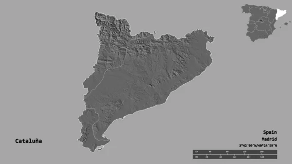 カタルーナの形 スペインの自治体 その首都はしっかりとした背景に隔離されました 距離スケール リージョンプレビュー およびラベル 標高マップ 3Dレンダリング — ストック写真