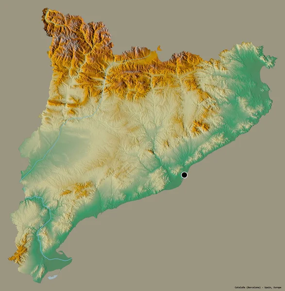 加泰罗尼亚的形状 西班牙的自治社区 其首都隔离在一个坚实的色彩背景 地形浮雕图 3D渲染 — 图库照片