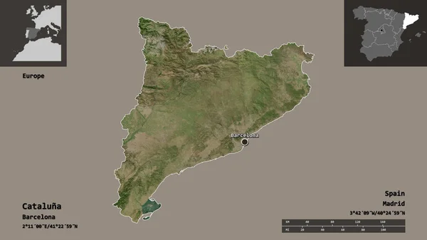 カタルーナの形 スペインの自治体 その首都 距離スケール プレビューおよびラベル 衛星画像 3Dレンダリング — ストック写真