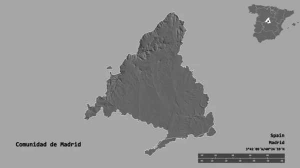 Shape of Comunidad de Madrid, autonomous community of Spain, with its capital isolated on solid background. Distance scale, region preview and labels. Bilevel elevation map. 3D rendering