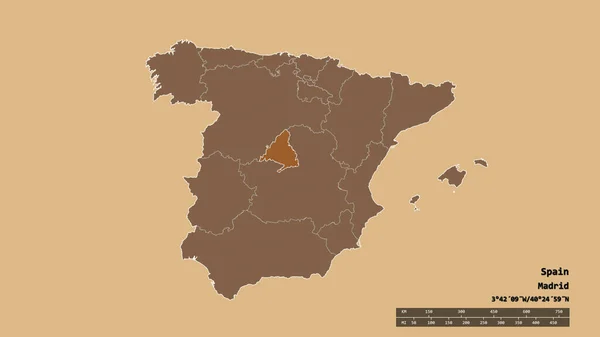 主要な地域部門と分離された歴史的マドリード地域とスペインの荒廃した形 ラベル パターン化されたテクスチャの構成 3Dレンダリング — ストック写真