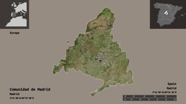 Comunidad de Madrid 'in şekli, İspanya özerk topluluğu ve başkenti. Uzaklık ölçeği, ön gösterimler ve etiketler. Uydu görüntüleri. 3B görüntüleme