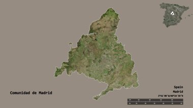 Comunidad de Madrid 'in şekli, İspanya özerk topluluğu, sermayesi sağlam arka planda izole edilmiş. Uzaklık ölçeği, bölge önizlemesi ve etiketleri. Uydu görüntüleri. 3B görüntüleme