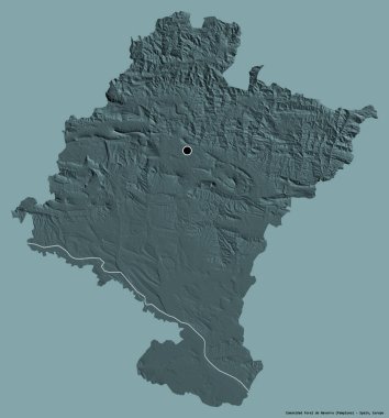 Comunidad Foral de Navarra 'nın şekli, İspanya özerk topluluğu, sermayesi katı bir renk arkaplanı ile izole edilmiştir. Renkli yükseklik haritası. 3B görüntüleme