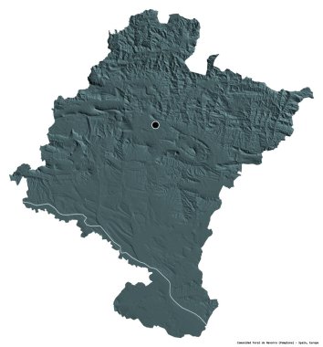 Comunidad Foral de Navarra, İspanya özerk topluluğu, başkenti beyaz arka planda izole edilmiştir. Renkli yükseklik haritası. 3B görüntüleme