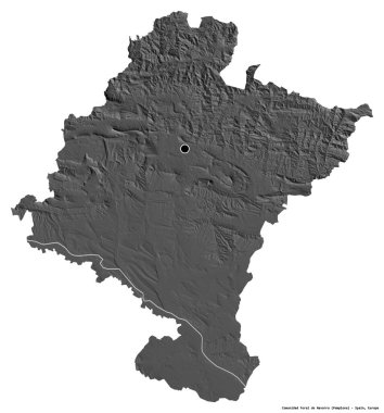 Comunidad Foral de Navarra, İspanya özerk topluluğu, başkenti beyaz arka planda izole edilmiştir. Çift seviyeli yükseklik haritası. 3B görüntüleme