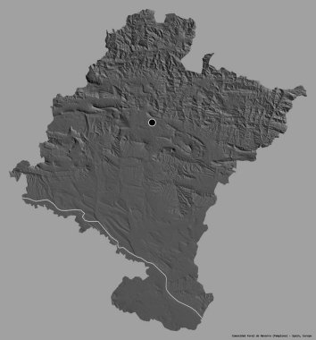 Comunidad Foral de Navarra 'nın şekli, İspanya özerk topluluğu, sermayesi katı bir renk arkaplanı ile izole edilmiştir. Çift seviyeli yükseklik haritası. 3B görüntüleme
