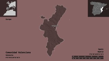 Comunidad Valenciana 'nın şekli, İspanya özerk topluluğu ve başkenti. Uzaklık ölçeği, ön gösterimler ve etiketler. Renkli yükseklik haritası. 3B görüntüleme