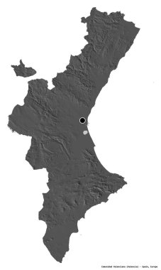 İspanya 'nın özerk toplumu Comunidad Valenciana' nın şekli, başkenti beyaz arka planda izole edilmiş. Çift seviyeli yükseklik haritası. 3B görüntüleme