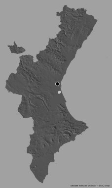 İspanya 'nın özerk toplumu Comunidad Valenciana' nın şekli, başkenti sağlam bir renk arka planına izole edilmiştir. Çift seviyeli yükseklik haritası. 3B görüntüleme
