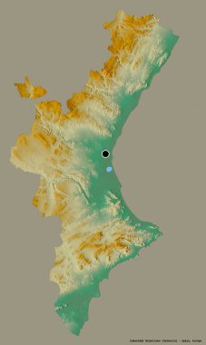 İspanya 'nın özerk toplumu Comunidad Valenciana' nın şekli, başkenti sağlam bir renk arka planına izole edilmiştir. Topografik yardım haritası. 3B görüntüleme