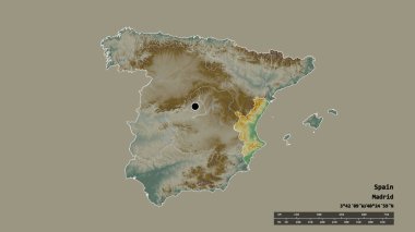 İspanya 'nın, başkenti, ana bölgesel bölünmesi ve ayrılmış komünist Valenciana bölgesi ile dejenere olmuş hali. Etiketler. Topografik yardım haritası. 3B görüntüleme