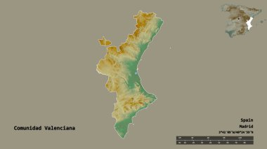 İspanya 'nın özerk toplumu Comunidad Valenciana' nın şekli, başkenti sağlam arka planda izole edilmiş. Uzaklık ölçeği, bölge önizlemesi ve etiketleri. Topografik yardım haritası. 3B görüntüleme