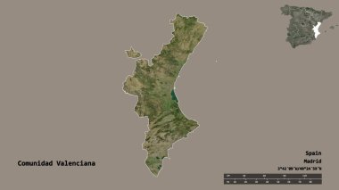 İspanya 'nın özerk toplumu Comunidad Valenciana' nın şekli, başkenti sağlam arka planda izole edilmiş. Uzaklık ölçeği, bölge önizlemesi ve etiketleri. Uydu görüntüleri. 3B görüntüleme