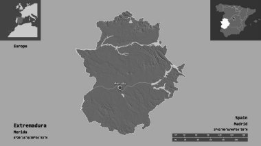 Extremadura 'nın şekli, İspanya özerk topluluğu ve başkenti. Uzaklık ölçeği, ön gösterimler ve etiketler. Çift seviyeli yükseklik haritası. 3B görüntüleme