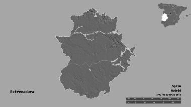 Extremadura 'nın şekli, İspanya' nın özerk topluluğu, sermayesi sağlam arka planda izole edilmiş. Uzaklık ölçeği, bölge önizlemesi ve etiketleri. Çift seviyeli yükseklik haritası. 3B görüntüleme
