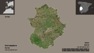 Extremadura 'nın şekli, İspanya özerk topluluğu ve başkenti. Uzaklık ölçeği, ön gösterimler ve etiketler. Uydu görüntüleri. 3B görüntüleme