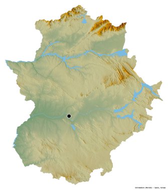 Extremadura 'nın şekli, İspanya özerk topluluğu, başkenti beyaz arka planda izole edilmiştir. Topografik yardım haritası. 3B görüntüleme