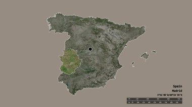 Başkenti, ana bölgesel bölünmesi ve ayrılmış Extremadura bölgesi ile İspanya 'nın dejenere edilmiş şekli. Etiketler. Uydu görüntüleri. 3B görüntüleme
